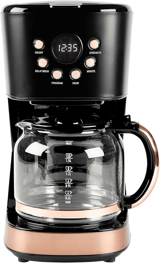 Coffee Machine, 12 Cup Programmable Drip Coffee Maker with Auto Shut-Off Function and Reusable Washable Water Filter, Black & Copper