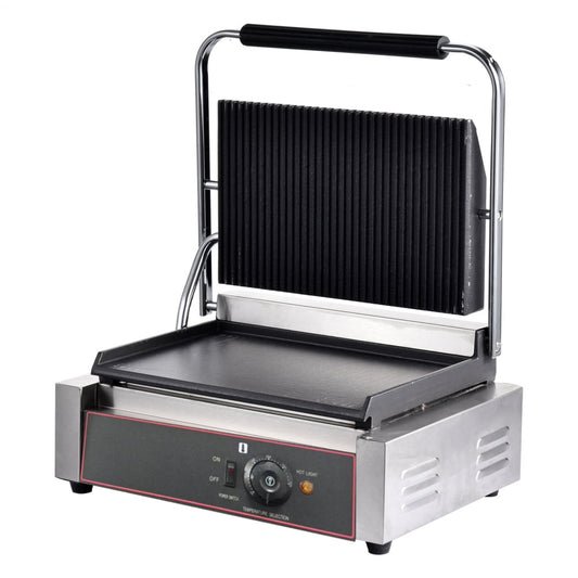 Commercial Panini Press Grill, 1200W Electric Sandwich Maker, Grooved Top/Bottom Plates for Burgers Steaks Panini
