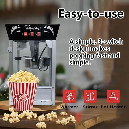 Commercial Popcorn MAKER Machine, 12 Ounce Kettle Stainless Steel Popcorn Maker with Tempered Glass, Warming Deck, 850W Countertop Popcorn Popper for Parties, Events, and Home Theater, Black