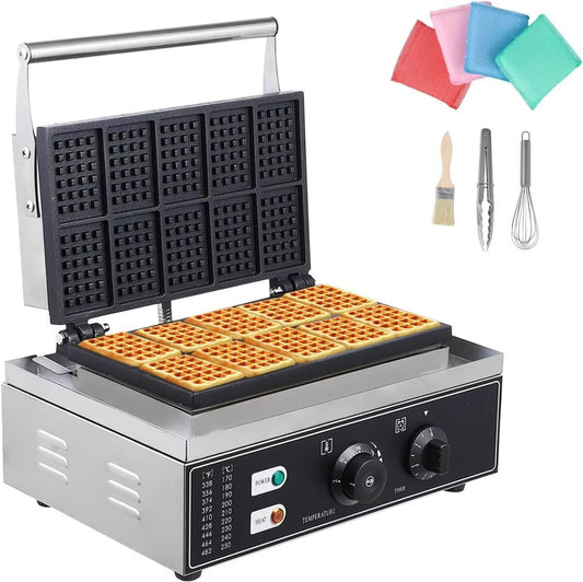 Commercial Waffle Maker, 10pcs Nonstick Stainless Steel Waffle Maker Machine, 2400W 110V, Time and Temperature Control for Restaurant Home
