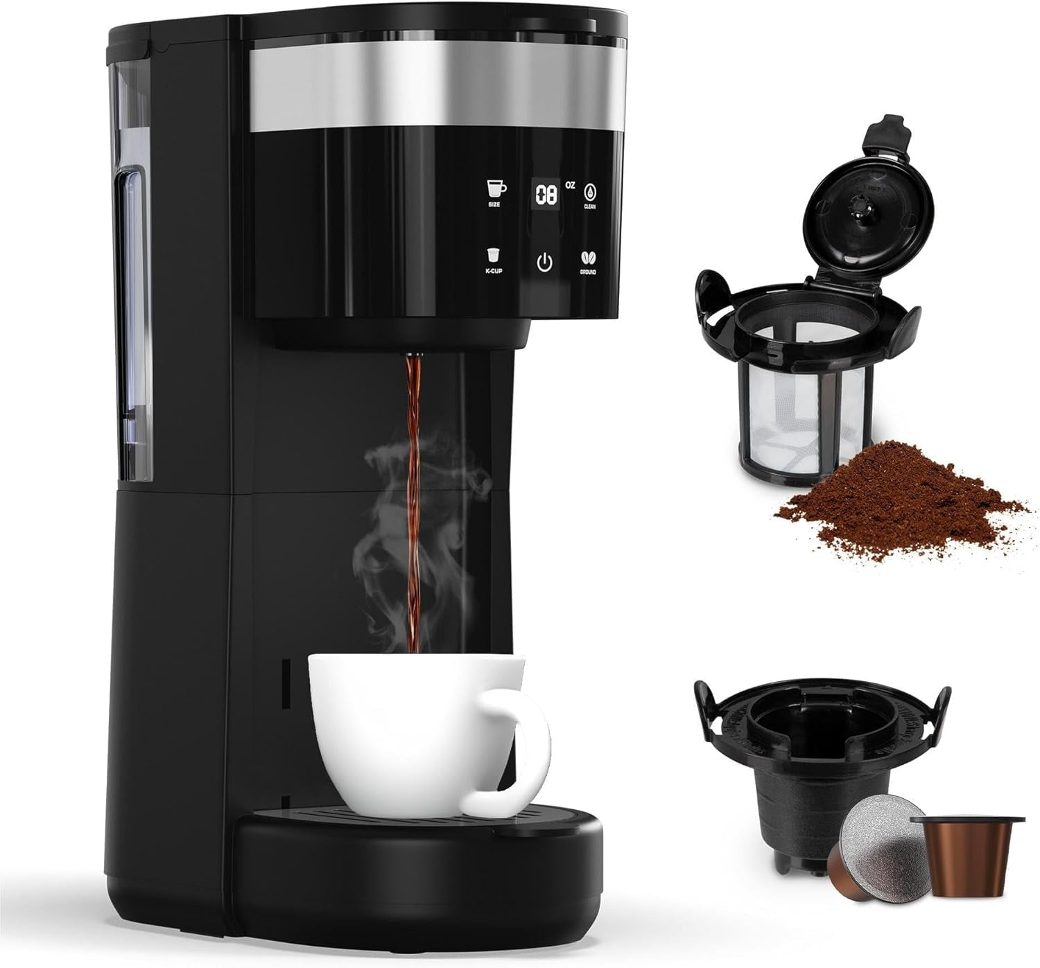 Compact Single Serve Coffee Maker with Self-Cleaning, 6 to 14 Oz Cup Size Coffee Machine for K Pod and Ground Coffee, Slim Single Cup Coffee Maker with 30Oz Reservoir, Camping, Black