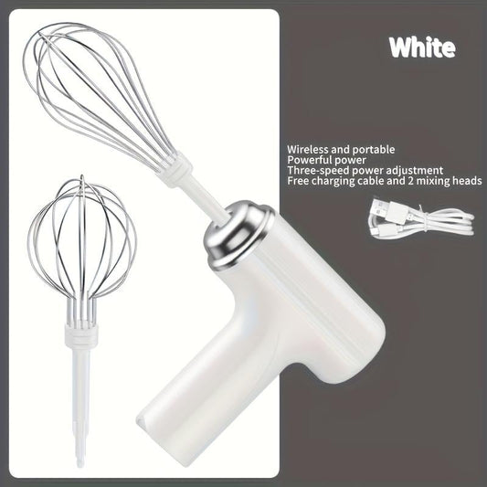 Cordless Electric Hand Mixer | 3-Speed Rechargeable Whisk with 2 Detachable Heads, Compact Baking Tool for Thin batter / Eggs / Cookies | Ideal for Tiny Kitchen / RV / Camping