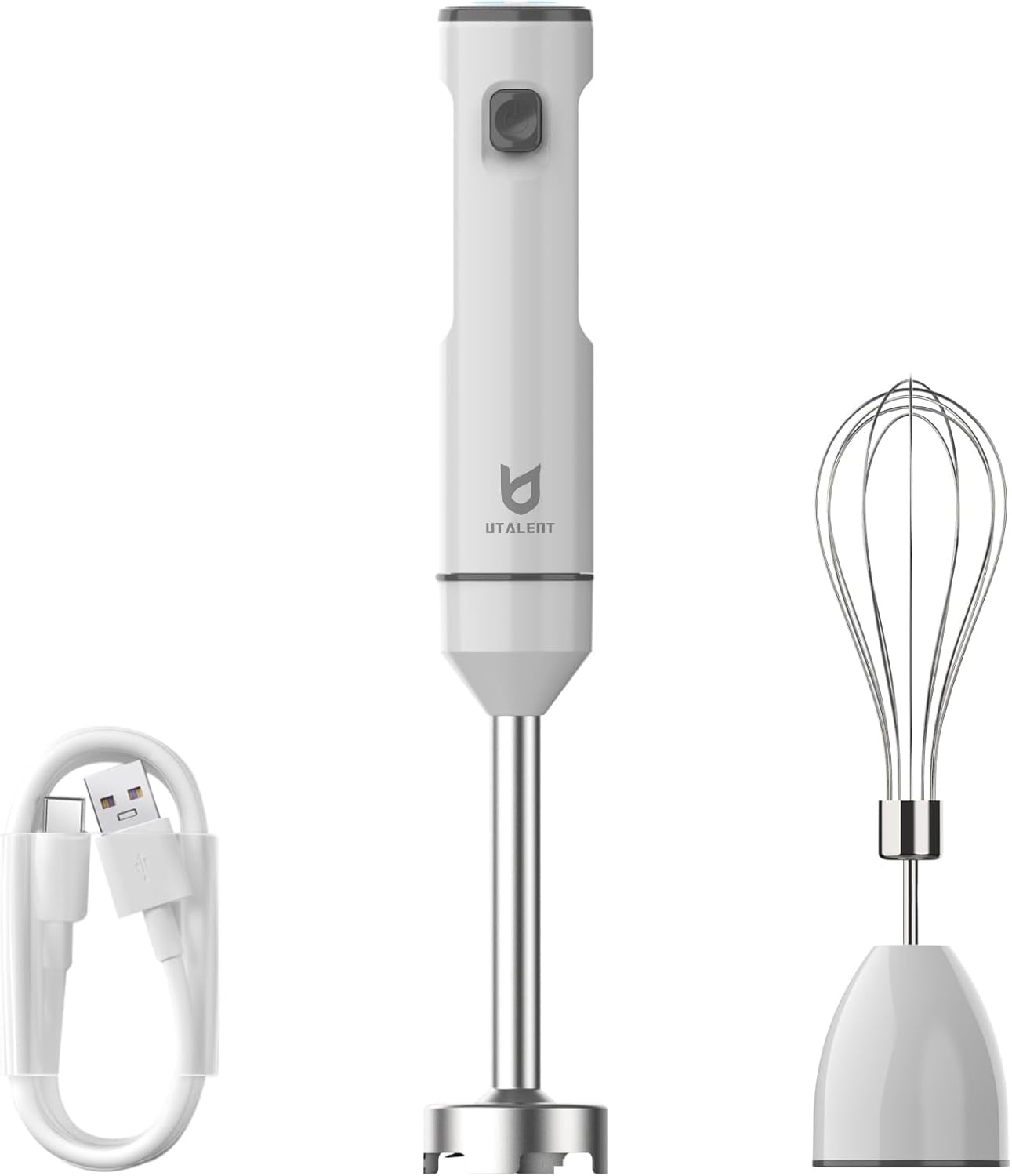 Cordless Hand Blender, Unbranded Variable Speed Immersion Blender handheld Rechargeable, with USB-C Charging Cable, Egg Whisk, for Smoothies, Milkshakes, Hummus and Soups – White