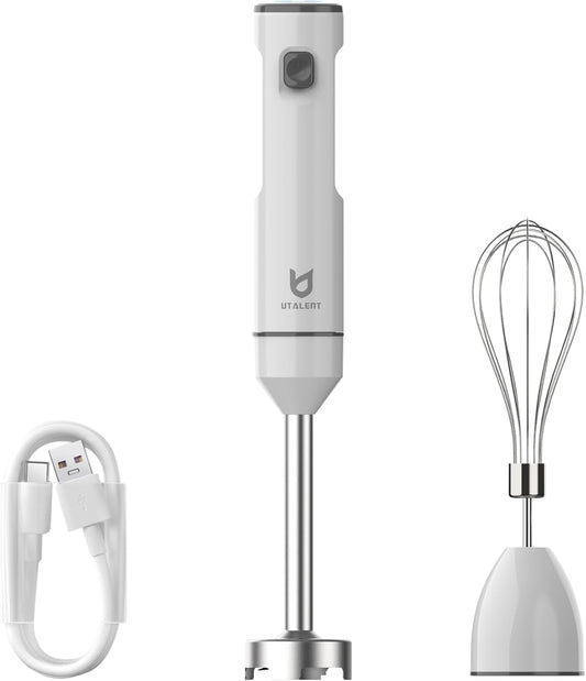 Cordless Hand Blender, Unbranded Variable Speed Immersion Blender handheld Rechargeable, with USB-C Charging Cable, Egg Whisk, for Smoothies, Milkshakes, Hummus and Soups – White