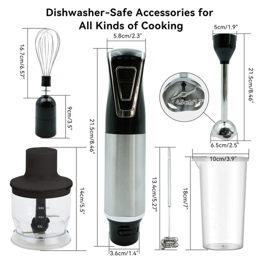 Cordless Portable Immersion Blender 5-in-1 Blender Set, Ice Crushing Power with One-Touch Speed Control, Comes with Potato Masher, Whisk, Chopper, Beaker, and Storage Case, Stainless Steel
