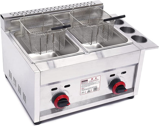 Countertop Gas Fryer Deep Fryer, 12L Petroleum Gas 2Basket Stainless Steel Dual Tank Electric Deep Fryer w/2 Removable Baskets & Lid for Restaurant And Home Snack Bars
