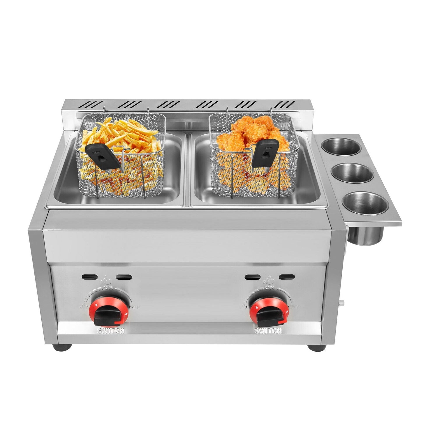 Countertop Stainless Steel Fat Fryer with Lid, Propane LPG Deep Fryer with 2 Baskets for Commercial
