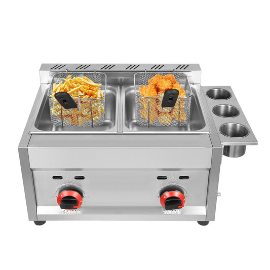 Countertop Stainless Steel Fat Fryer with Lid, Propane LPG Deep Fryer with 2 Baskets for Commercial