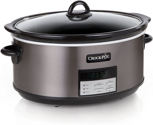 Crock-Pot Large 8-Quart Programmable Slow Cooker with Auto Warm Setting Black Stainless Steel Includes Cookbook (Pack of 1)