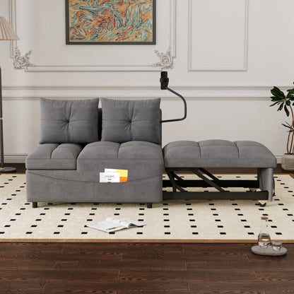 DEALTOPS Convertible Sleeper Chair Bed, Modern Velvet 4-in-1 Sofa with USB Ports, Phone Stand & Side Pocket, Gray