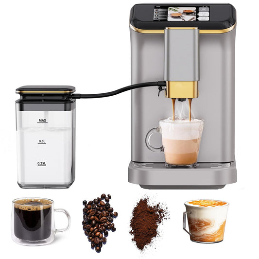 Danolapsi 20 Bar Automatic Espresso Coffee Machine, 8-in-1 Espresso Machine With Milk Frother and Grinder, 1-15 Adjustable Grind Size Levels, 1.5L Water Tank, Color Touch Display for Home Office