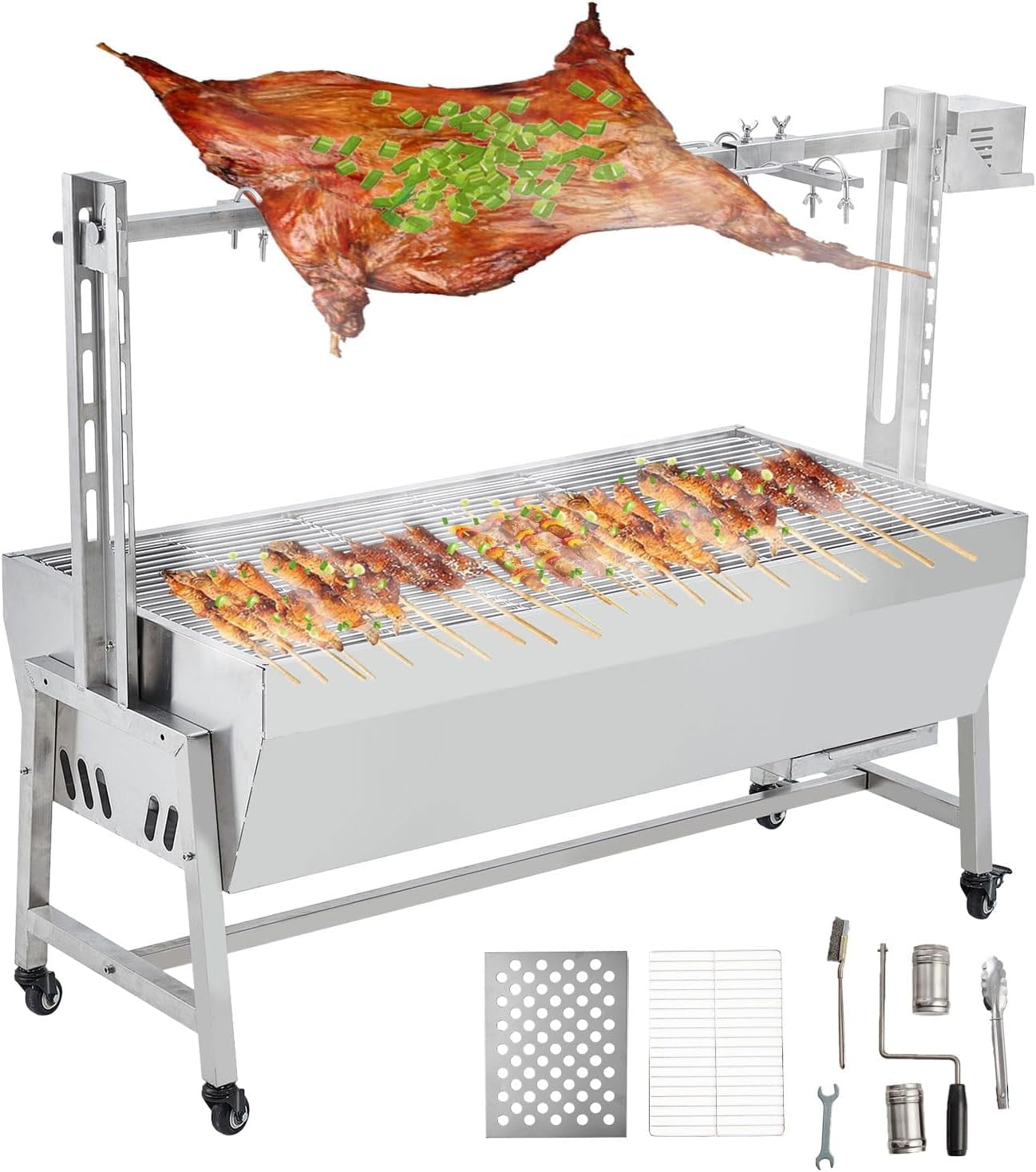 EastVita Stainless Steel Automatic Rotisserie Grill, 54in 132LB Capacity Electric BBQ Pig Lamb Rotisserie Roaster 50W Motor, Charcoal Spit Roaster Grill