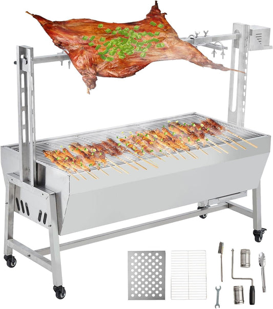 EastVita Stainless Steel Automatic Rotisserie Grill, 54in 132LB Capacity Electric BBQ Pig Lamb Rotisserie Roaster 50W Motor, Charcoal Spit Roaster Grill