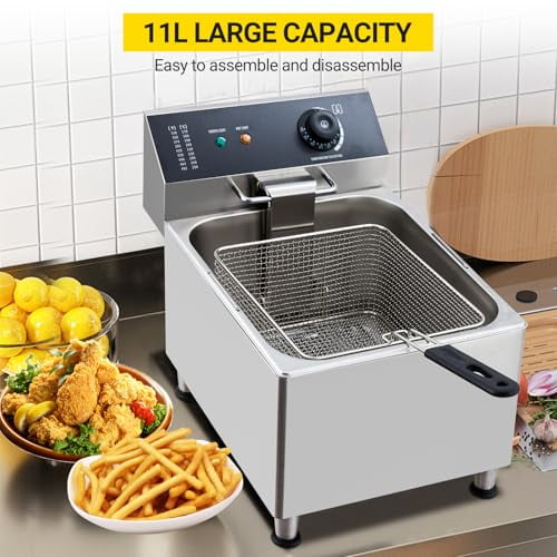 Electric Deep fryer Stainless Steel with Basket & Lid, Capacity 11L Countertop Fryers, for Home Kitchen and Restaurant Use with Extra Large Thick Frying Basket and Lid, 1700 W, 110V