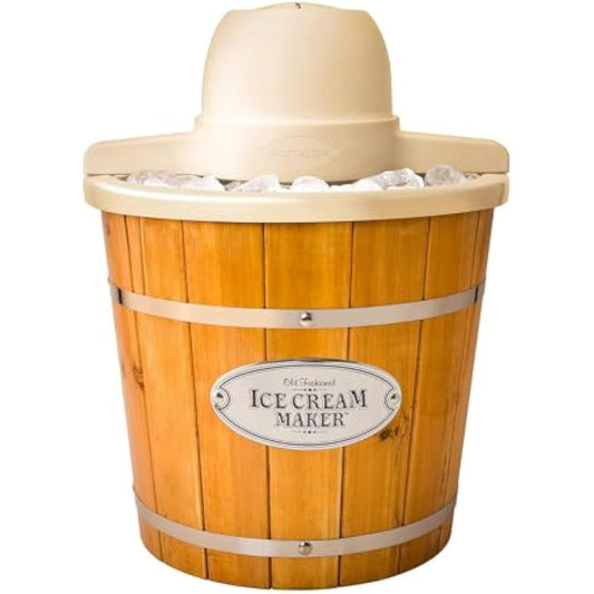Electric Ice Cream Maker 4 Quart - Quick Prep & Vintage Wood Style Dessert Machine - Light Wood Soft Serve, Frozen Yogurt, Gelato Maker for Kitchen
