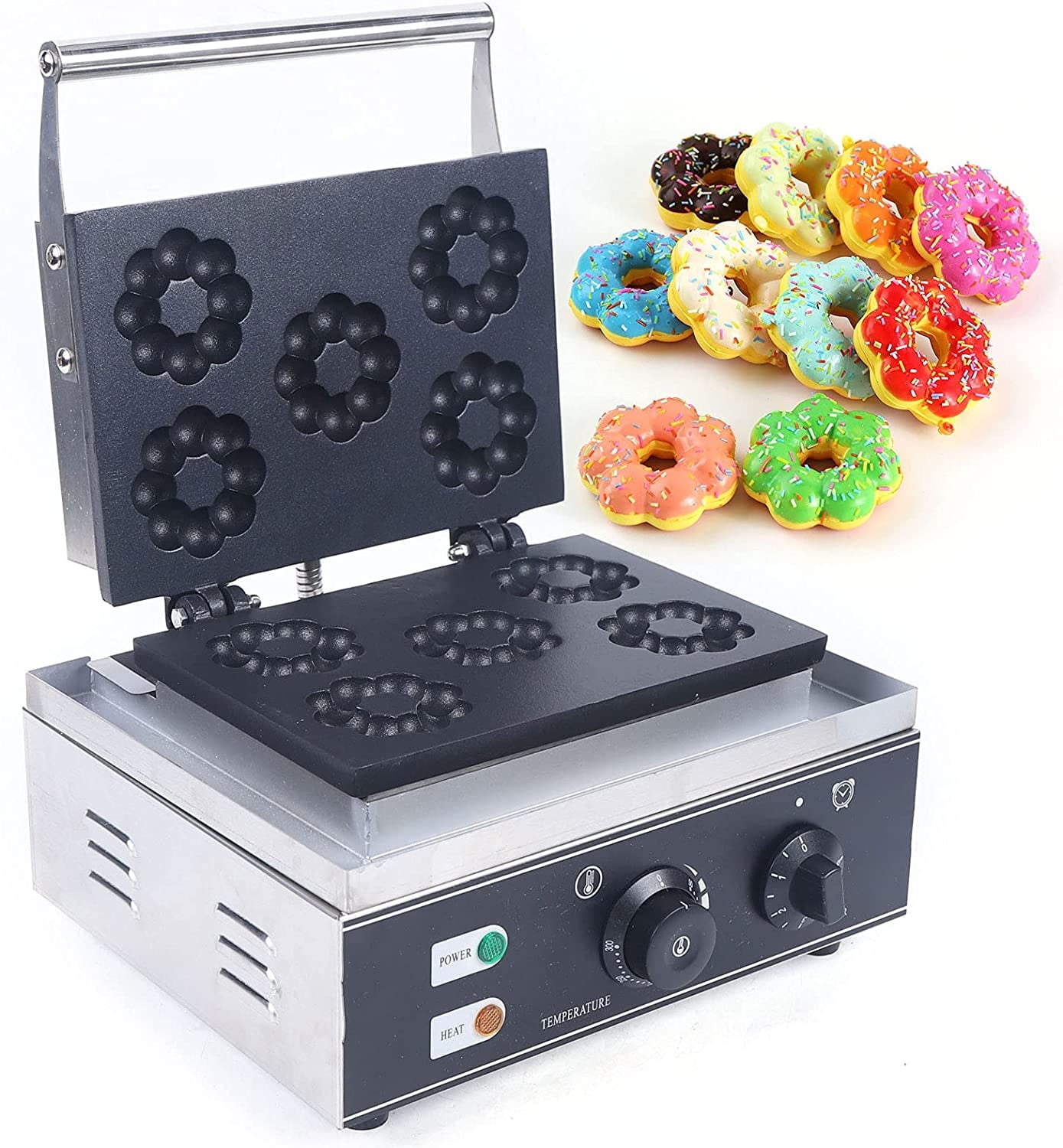 Electric Mini Donut Maker Machine Nonstick Commercial Doughnut Baker Maker Home Baker Machine Stainless Steel Makes 5 Blossom-shaped Doughnuts Countertop Mini-pie and Quiche, Waffle Maker 1500W