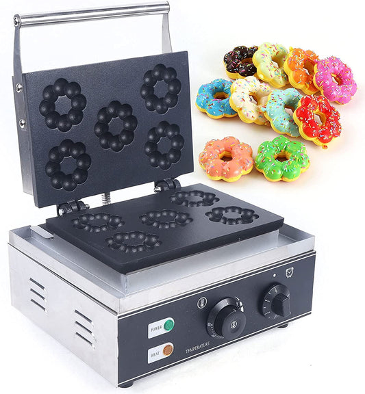 Electric Mini Donut Maker Machine Nonstick Commercial Doughnut Baker Maker Home Baker Machine Stainless Steel Makes 5 Blossom-shaped Doughnuts Countertop Mini-pie and Quiche, Waffle Maker 1500W