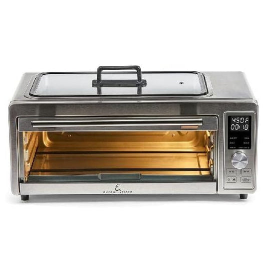 Emeril Power Grill 360, 6-in-1 Countertop Convection Toaster Oven with Top Indoor Grill, Air Fry, Roast, Toast, Bake, Dehydrate, Glass Lid, Stainless Steel