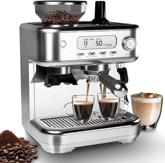 Espresso Machine 15 Bar, LCD Display Espresso Maker with Grinder, Milk Frother and PID Temperature Control, Professional Coffee Maker for Latte Cappuccino - 8.8 Oz Bean Hopper