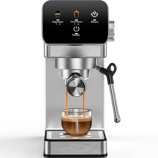 Espresso Machine 20 Bar, Rapid Cold Brew, Stainless Steel Coffee Machine with 40oz Removable Water Tank for Cappuccino, Latte, Silver