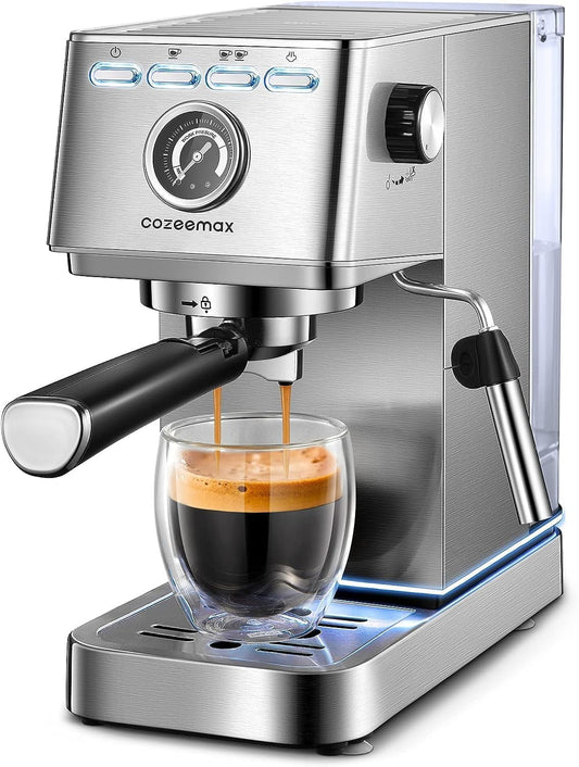 Espresso Machine, Cozeemax 20 Bar Espresso and Cappuccino Maker with Milk Frother Steam Wand, Stainless Steel