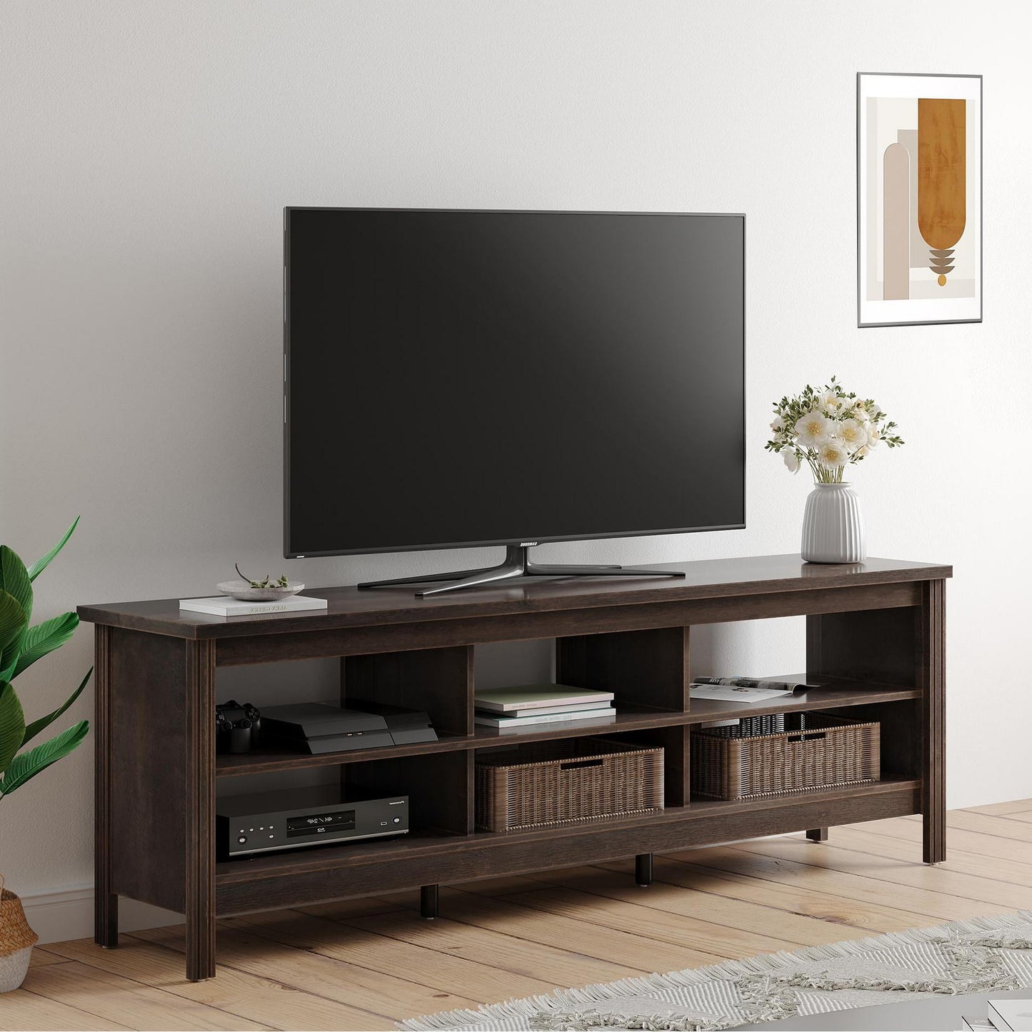 Farmhouse TV Stand for 75 inch TV with 6 Cubby for Living Room, Espresso TV Console for Bedroom, 70 inch