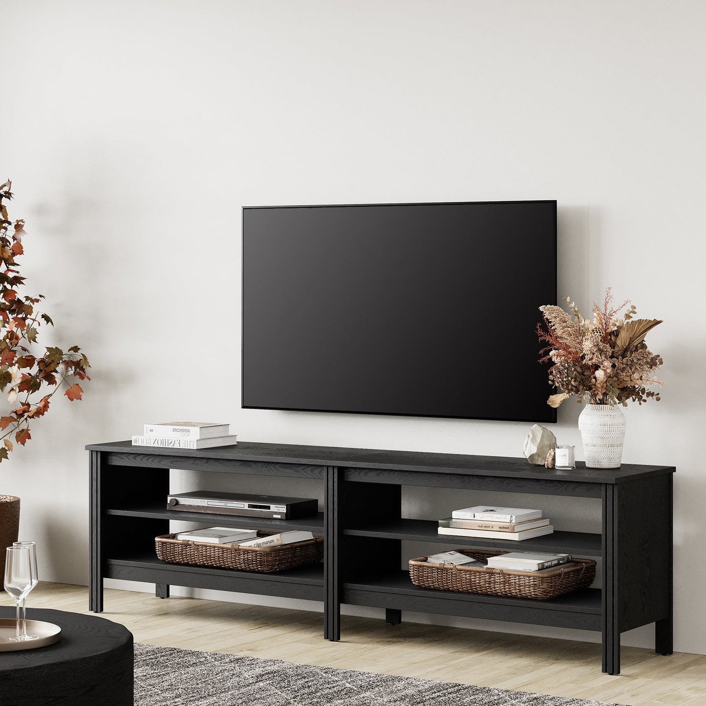 Farmhouse TV Stand for TVs up to 75 inch with 4 Open Storages, Wood Entertainment Center for Living Room, Black 70 inch