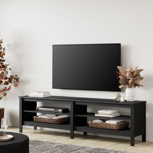 Farmhouse TV Stand for TVs up to 75 inch with 4 Open Storages, Wood Entertainment Center for Living Room, Black 70 inch