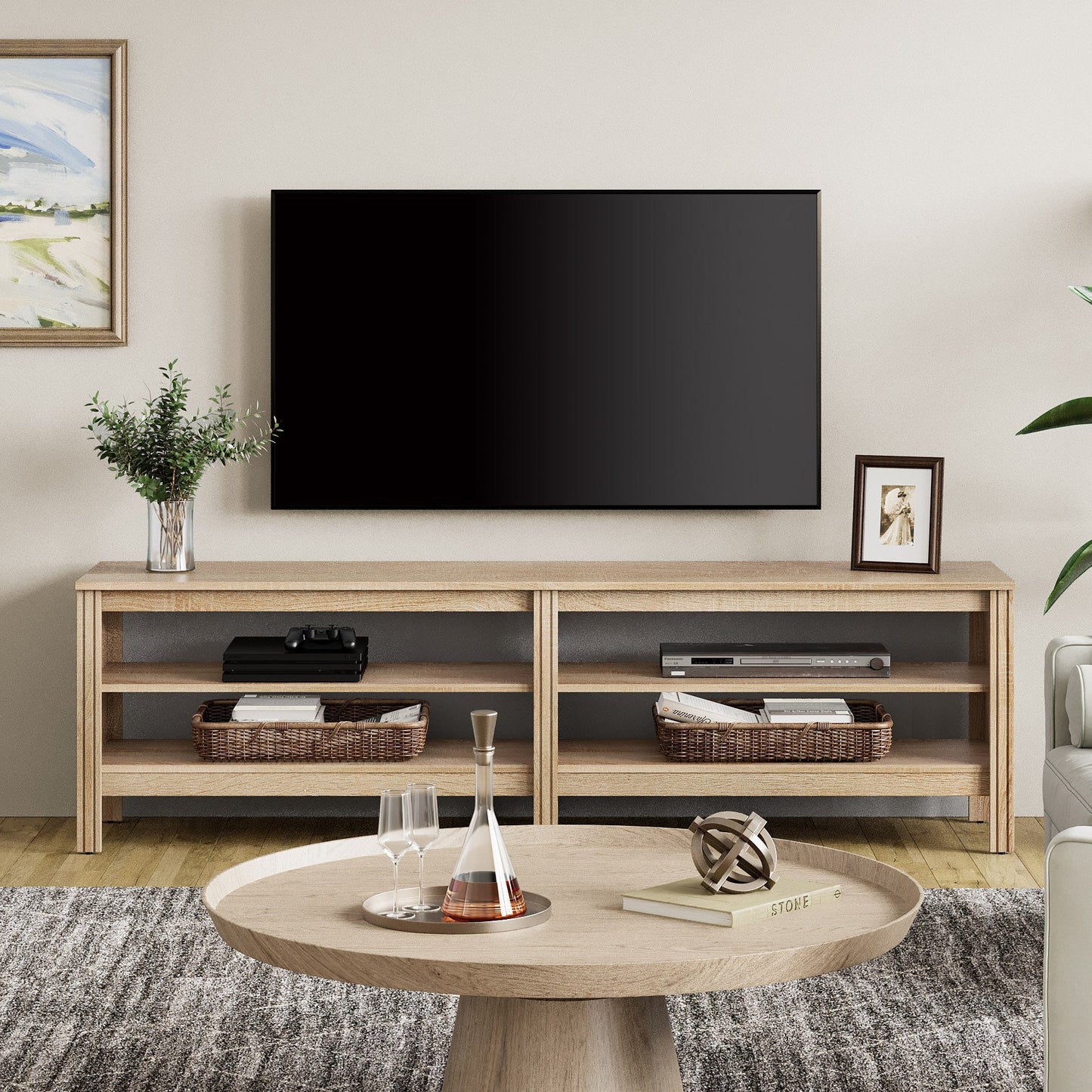 Fitueyes 70" TV Stands for TVs Up to 75 Inch, Media Console with Open Shelves for Living Room, Oak