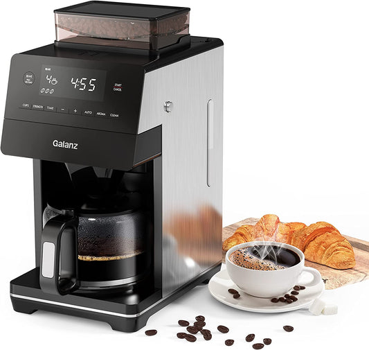 Galanz 2-in-1 Grind and Brew Coffee Maker with Adjustable Grind Size, Digital LED Touch Screen, Removable Coffee Filter Basket, Clean Indicator Light, 12-Cup, Stainless Steel