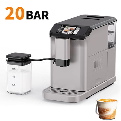Garvee Auto Espresso Machine with Grinder, 20 Bar Coffee Maker W/TFT Touch Screen & 1.5L Removable Water Tank for Home Office, Silver Gold