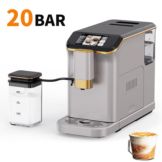 Garvee Auto Espresso Machine with Grinder, 20 Bar Coffee Maker W/TFT Touch Screen & 1.5L Removable Water Tank for Home Office, Silver Gold