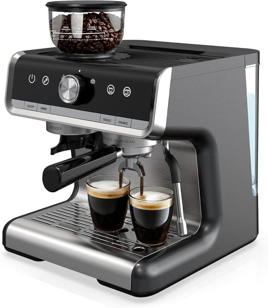 GarveeHome Espresso Machine With Grinder, 20 Bar Semi-Automatic Espresso Coffee Maker With Milk Frother Steamer Wand Cappuccino Latte Macchiato, 95-Ounce Water Tank, Pid Temperature Control-Dark Gray