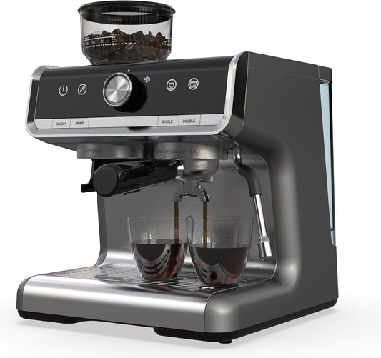 GarveeHome Espresso Machine With Grinder & Milk Frother - 95-Ounce Water Reservoir & PID Control - Ideal for Family and Office Use, Dark Grey