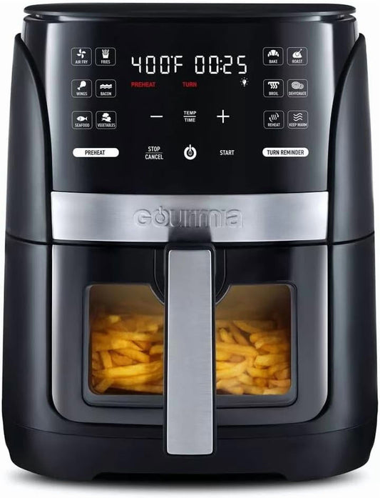 Gourmias 6-Qt Digital Window Air Fryer, 12 Presets, Guided Cooking, Touch Control, Stainless Steel, Nonstick Basket, Oil-Free Frying, 1500W, Auto Shutoff, Dehydrator Function, Family Size,