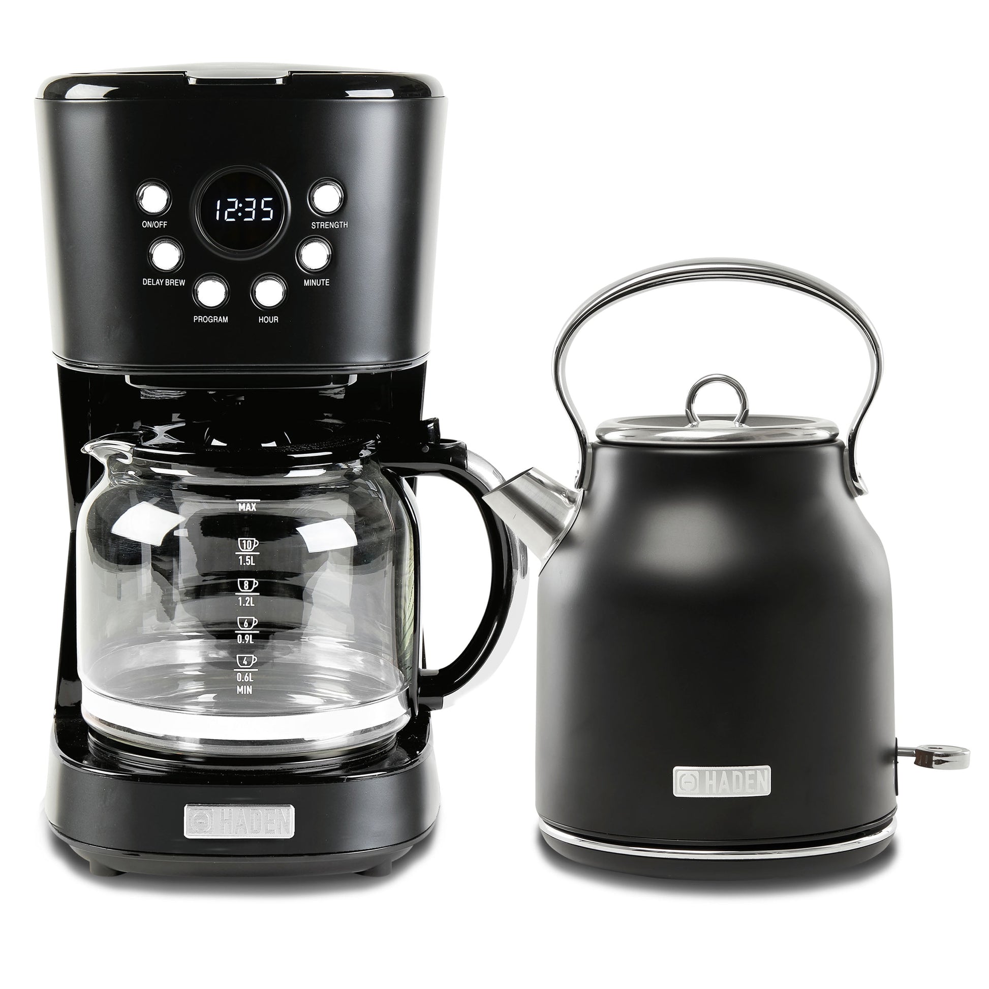 Haden Coffee Maker & Heritage 1.7 Liter Electric Kettle, Black & Chrome