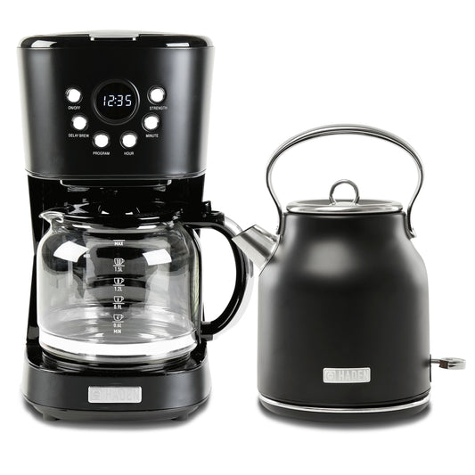 Haden Coffee Maker & Heritage 1.7 Liter Electric Kettle, Black & Chrome