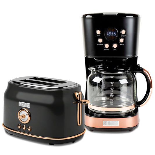 Haden Dorset 2 Slice Wide Slot Toaster & Coffee Maker, Black & Copper