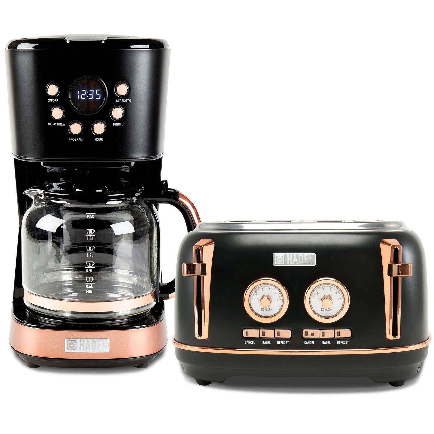 Haden Dorset 4 Slice Wide Slot Toaster & Coffee Maker, Black & Copper