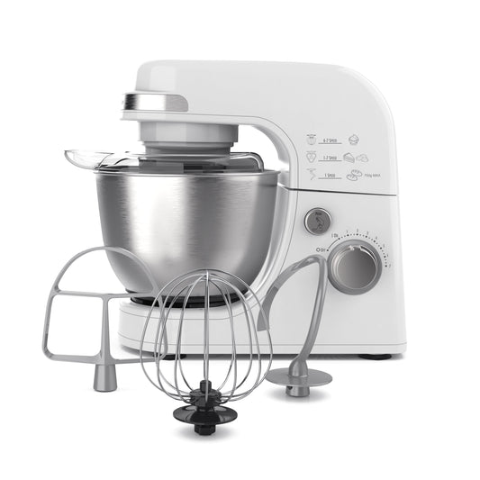 Hamilton Beach Electric Stand Mixer, 4 Quart Stainless Bowl, 7 Speeds, Tilt-Head, Dough Hook, Whisk and Flat Beater, Splash Guard, 300 Watts, White, 63388