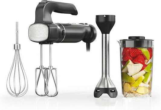 Hand Mixer, Immersion Blender, Foodi Power Mixer System, 750-Peak-Watt Handheld Emulsion Blender & Electric Hand Mixer Combo With Whisk, Beaters & 3-Cup Blending Vessel,120 volts, Black CI101