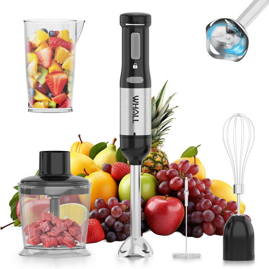 WHALL Cordless Handheld Blender, Rechargeable Immersion Blender with Whisk, Milk Frother Attachments