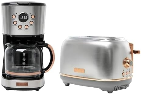 Heritage 12 Cup Programmable Retro Coffee Maker Machine Bundled with 2 Slice Wide Slot Toaster with Removable Crumb Tray, Steel/Copper