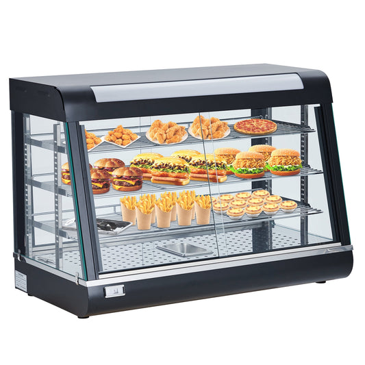 Huloretions Food Warmer, 35" Display Pizza Warmer, 3-Tier, 800W Electric Countertop Food Warmer w/LED Lighting, 3D Heating, Bottom Fan, Removable Shelves, Glass Door, Temperature Knob/Indicator