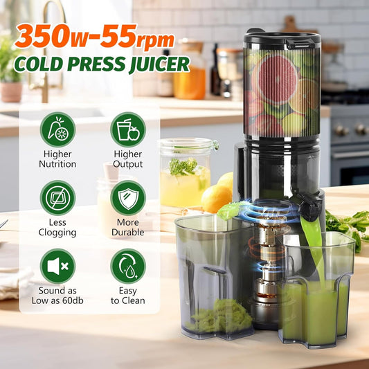 Juice Extractor, 350w Cold Press Juice Extractor, Large Channel Juice Cup, Masticating Juice Extractor for Fruits and Vegetables, Double Filter, Easy to Clean, Gray