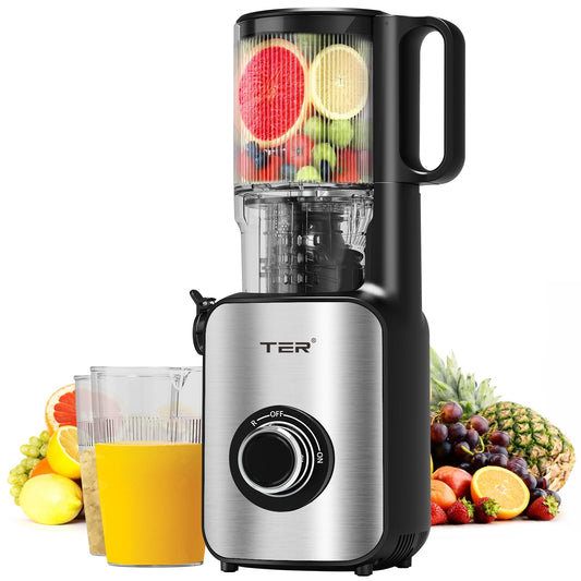 Juicer Machines, TER Cold Press Juicer With 5'' Wide Chute, Stainless Steel Slow Masticating For Vegetables & Fruits, High Juice Yield, Easy To Clean, Includes 2 Cups, Silver
