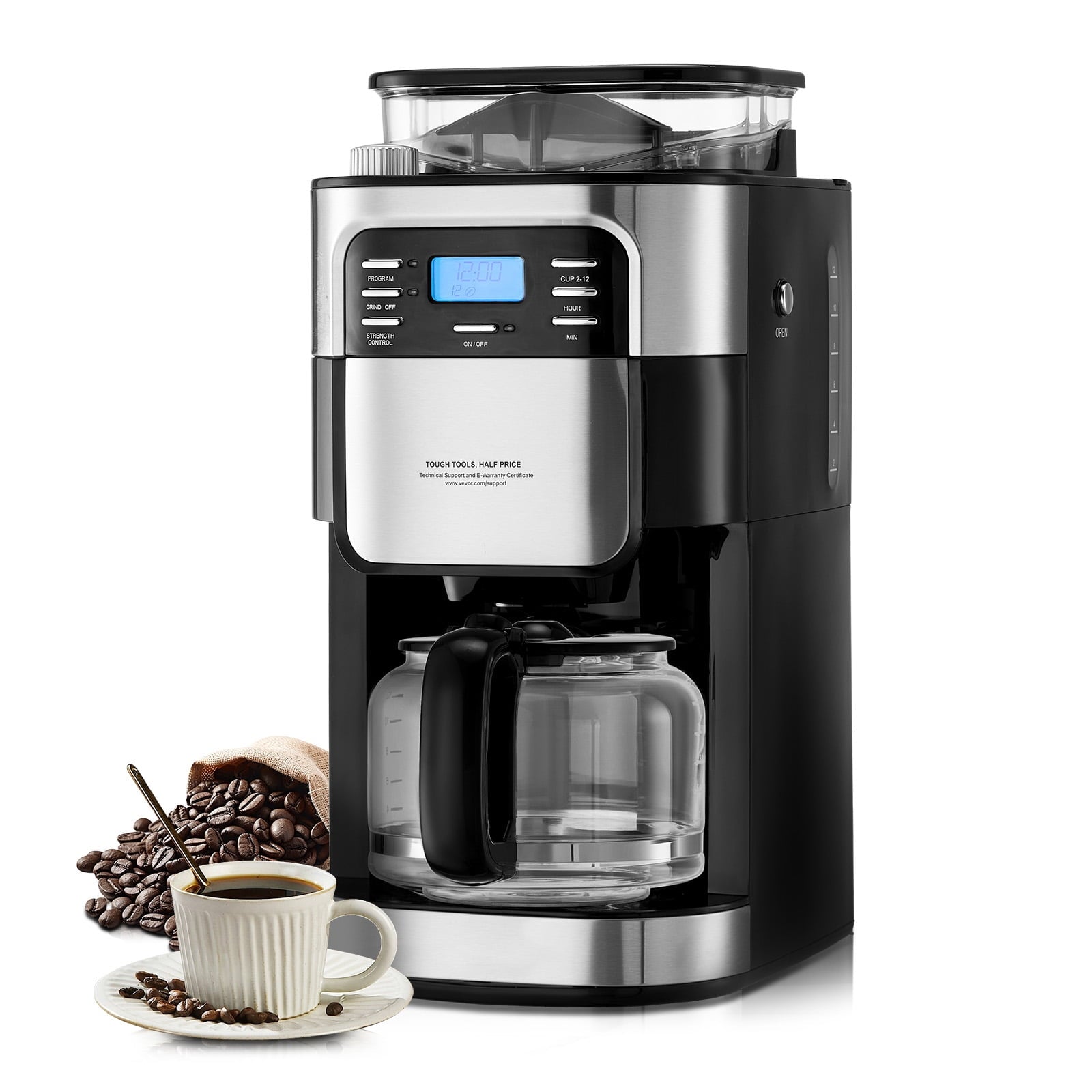 KFFKFF 12 Cup Coffee Maker with Grinder Grind and Brew Coffee Maker with 3 Brew Strength Control 24-Hour Timer for Auto Brew