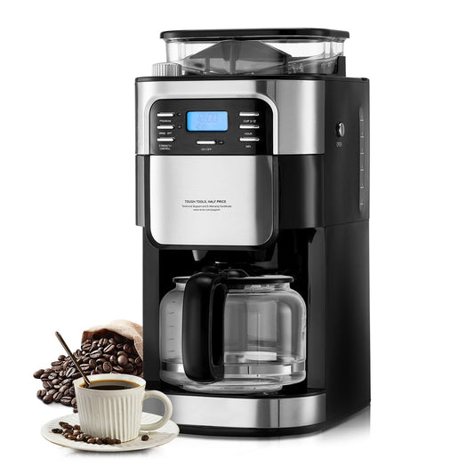 KFFKFF 12 Cup Coffee Maker with Grinder Grind and Brew Coffee Maker with 3 Brew Strength Control 24-Hour Timer for Auto Brew