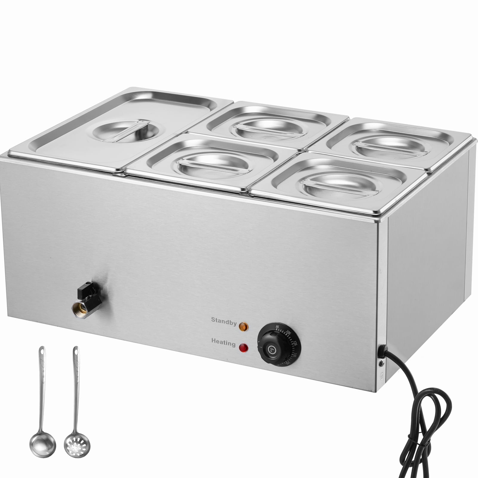 KFFKFF 5-Container Commercial Food Heater, 15.3QT Electric Hot Food Display, 1200W Professional Tabletop Stainless Steel Buffet Food Holder with 86-185°F Temperature Regulation, Silver