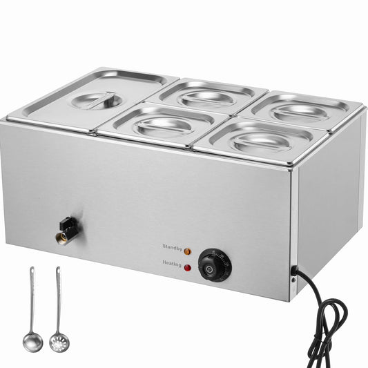 KFFKFF 5-Container Commercial Food Heater, 15.3QT Electric Hot Food Display, 1200W Professional Tabletop Stainless Steel Buffet Food Holder with 86-185°F Temperature Regulation, Silver